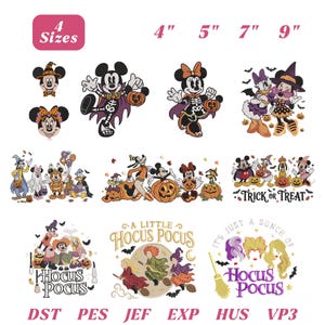 Puede incluir: Una colección de diseños de bordado digital con personajes de Disney en disfraces de Halloween, incluyendo temas de Mickey, Minnie y Hocus Pocus. El texto incluye "Trick or Treat" y "A Little Hocus Pocus". Disponible en tamaños de 4", 5", 7" y 9".