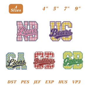 Diseño de bordado personalizado de mascota escolar, bordado genial de equipo escolar, patrón de puntada deportiva personalizado para el día del partido, mascota de fútbol personalizada