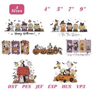 Könnte beinhalten: Eine Sammlung digitaler Stickmuster mit Snoopy und Freunden in Halloween-Kostümen, darunter Kürbisse, Geister und Fledermäuse. Die Designs sind in den Größen 4, 5, 7 und 9 Zoll sowie in den Formaten DST, PES, JEF, EXP, HUS und VP3 erhältlich.