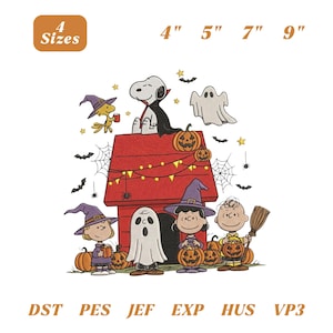 May include: An embroidery design featuring Peanuts characters in Halloween costumes around a red doghouse. Snoopy wears a vampire cape, while others are dressed as ghosts and witches with pumpkins. Text includes 4 Sizes, 4", 5", 7", 9", DST, PES, JEF, EXP, HUS, VP3.