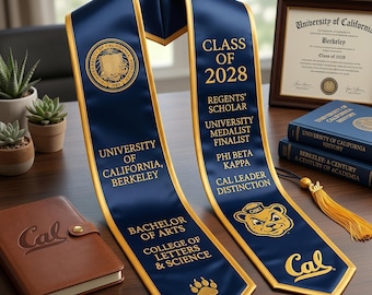 Estola de graduación universitaria personalizada, banda personalizada de la promoción de 2028 de UC Berkeley, estola de logros con múltiples títulos, oro de académico personalizado