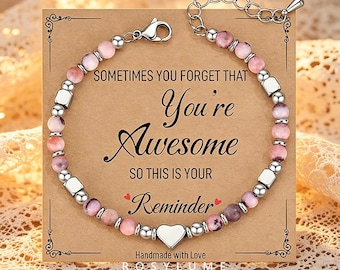 Braccialetto regolabile con ciondolo a forma di cuore in diaspro zebrato rosa "Sei fantastica", regalo motivazionale per lei.