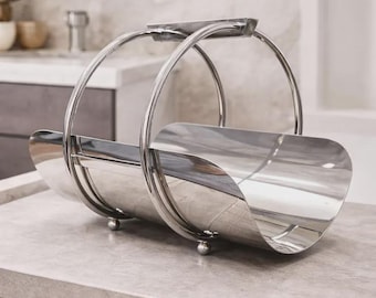 Polished Chrome Fireside Log Caddy, Art Deco Indoor Firewood Holder, Neo Deco Home Decor