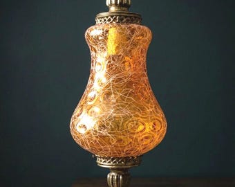 Vintage Amber Glass Pendant Light, 1970s Hollywood Regency Plug-In Swag Lamp