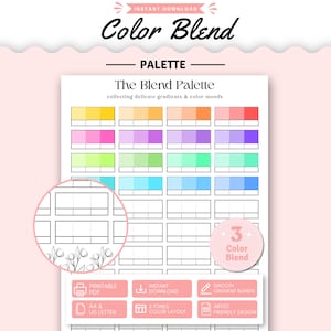 May include: A digital colour palette chart titled The Blend Palette, featuring rows of rectangular colour swatches in various hues. The document includes a circular magnifying inset showing empty boxes and floral line art, plus six pink informational labels.