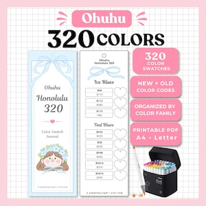 Puede incluir: Diario de muestras de color Ohuhu 320 colores con dos tarjetas verticales con gráficos de lazos azules, contornos de corazones y códigos de color. Incluye un estuche negro con marcadores y cuadros de texto que detallan 320 muestras, códigos nuevos y antiguos, organizados por familia de color, y formatos PDF imprimibles A4 y carta.
