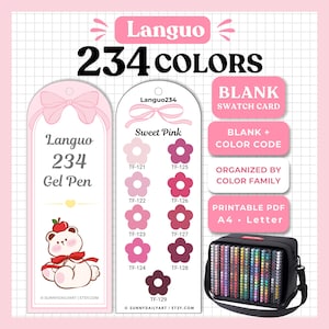 May include: A Languo 234 gel pen color chart featuring two vertical cards with pink bow illustrations, a bear graphic, and flower-shaped color swatches labeled with codes. Includes a black carrying case filled with pens and text labels.