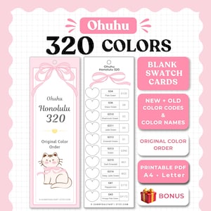 May include: A set of Ohuhu Honolulu 320 color swatch cards featuring a pink bow design, a cat illustration, and a list of color codes and names. The set includes blank cards, original color order charts, and printable PDF options in A4 and Letter sizes.