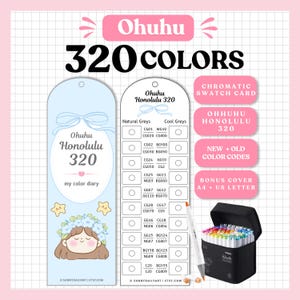 以下が含まれることがあります： Ohuhu 320色セット。キャラクターが描かれた水色のカラーダイアリー用しおり、ナチュラルグレーとクールグレーのカラーコードが記載された白いスウォッチカード、マーカーが詰まった黒いキャリングケース、およびマーカーペン1本が含まれています。