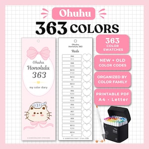 Peut inclure: Un nuancier numérique pour les marqueurs Ohuhu Honolulu 363, comprenant un marque-page rose avec une illustration de chat, une liste de codes couleur rouges avec des cases en forme de cœur et une trousse noire remplie de marqueurs.