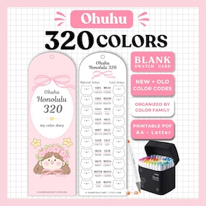 Peut inclure: Ensemble de cartes de nuancier Ohuhu 320 couleurs Honolulu color diary avec deux cartes verticales rose et blanc, des emplacements en forme d'ours, des étiquettes de texte et une trousse noire remplie de marqueurs. PDF imprimable A4 et Letter.