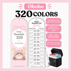 Puede incluir: Set de tarjetas de muestra cromática Ohuhu 320 colores con dos tarjetas verticales con ilustraciones de lazos rosas y osos, texto Ohuhu Honolulu 320 my color diary y un estuche negro con marcadores sobre un fondo de cuadrícula blanca.
