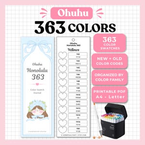 May include: A colour swatch journal for Ohuhu Honolulu 363 markers featuring a light blue cover with a bow and character illustration, a white page with heart-shaped swatch outlines for yellow colour codes, and a black marker storage case.