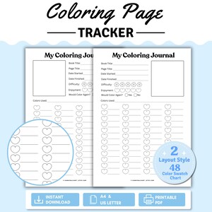 Può includere: Un tracker per pagine da colorare stampabile con due layout di diario da colorare con campi per titolo del libro, titolo della pagina, date, difficoltà, divertimento e colori usati. Include uno zoom circolare di icone a forma di cuore.