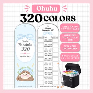 May include: A set of Ohuhu Honolulu 320 color swatch cards featuring a light blue cover with a cartoon character wearing a flower crown, a grid for Natural and Cool Greys, and a black carrying case filled with markers and a single white marker.