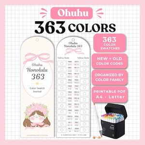 Pode incluir: Um diário de amostras de cores Ohuhu Honolulu 363 imprimível com dois cartões verticais estilo marcador de página com gráficos de fitas cor-de-rosa, uma personagem de desenho animado com coroa de flores e listas de códigos de cor.
