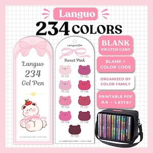 Puede incluir: Una pantalla digital con la marca Languo 234 Gel Pen, dos tarjetas de muestra verticales con iconos de osos rosas y códigos de color, y un estuche negro lleno de bolígrafos de colores. El texto incluye Blank Swatch Card y Printable PDF.