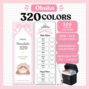 Ohuhu Honolulu 320 Color Swatch Cards | Printable Marker Swatch Chart PDF | New & Old Color Codes | Digital Download (A4 / US Letter)