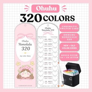 以下が含まれることがあります： Ohuhu 320色クロマチックカラーチャートセット。ピンクのリボン、キャラクター、ハート型のカラーコード枠が描かれた2枚の縦型ブックマーク。黒いマーカーケース、マーカー1本、A4およびUSレターサイズのテキストラベルが含まれています。