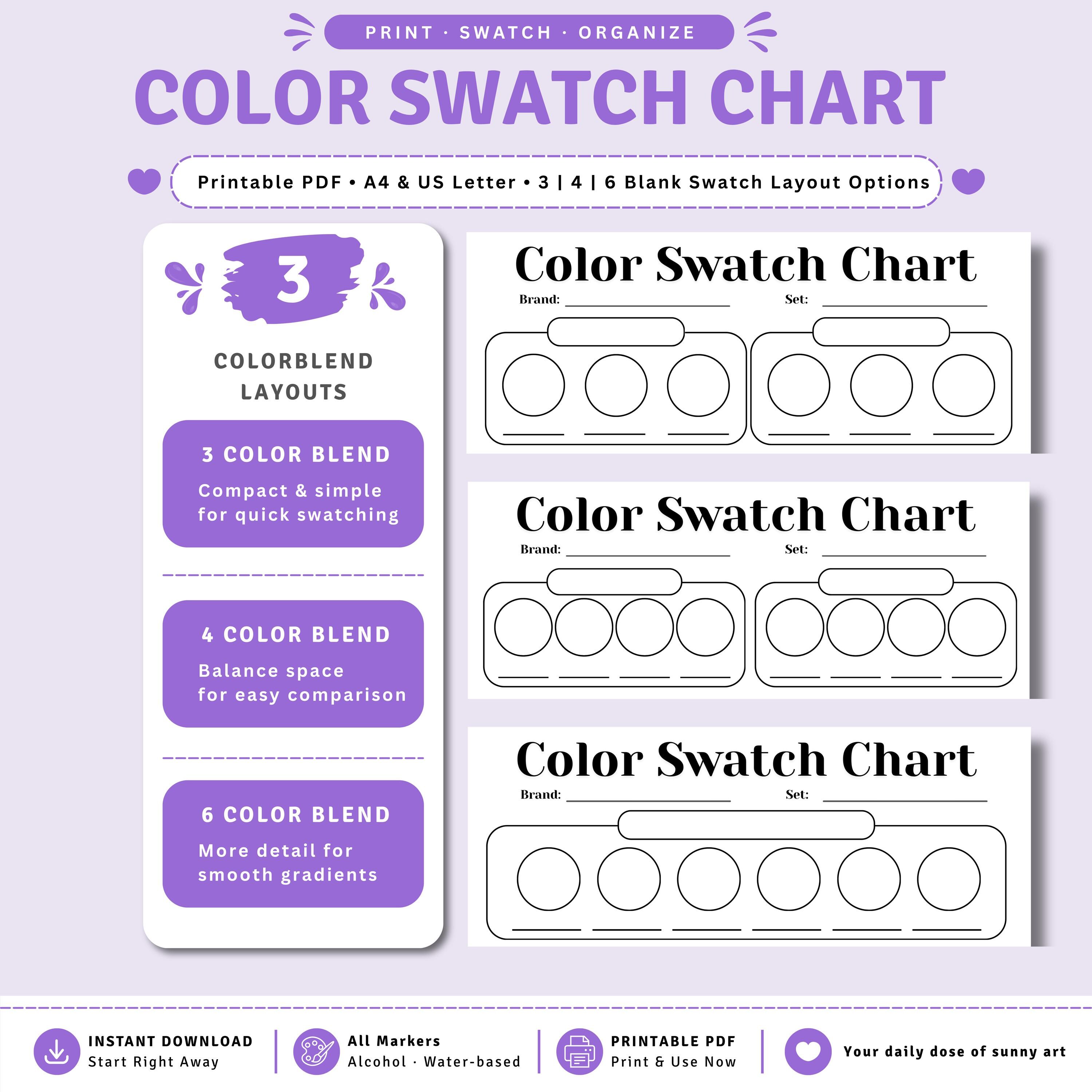 Color Swatch Chart Printable PDF for Markers| A4 US Letter Swatch Sheet ...