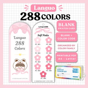 May include: A Languo 288 colors acrylic marker set with a storage case, two vertical swatch cards featuring pink flower icons, and four pink rectangular labels with text including Blank Swatch Card, Blank + Color Code, Organized by Color Family, and Printable PDF A4 Letter.