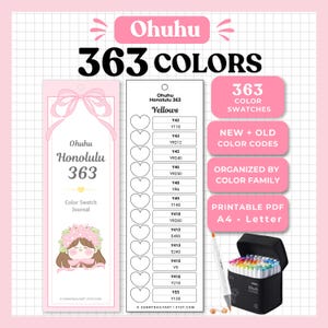 May include: A digital colour swatch journal for Ohuhu Honolulu 363 markers, featuring a pink cover with a bow and illustration, a white page with heart-shaped swatches and colour codes, and a black carrying case filled with markers.
