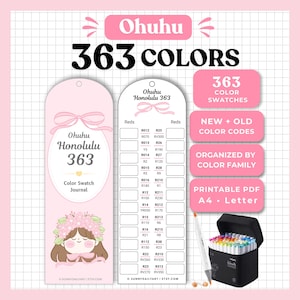 May include: Ohuhu Honolulu 363 Colour Swatch Journal featuring a pink bookmark with a cartoon character wearing a flower crown, a swatch sheet with colour codes, and a black carrying case filled with markers. Text includes 363 COLOURS and printable PDF.