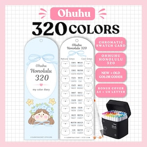 May include: Ohuhu 320 colours chromatic swatch card set featuring a light blue diary cover with a cartoon character, a grey-toned colour code chart with bear icons, and a black carrying case filled with markers for organising colour collections.