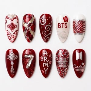 Handmade BTS Army Traditional Korean Press On Nails | Luxury 3D Crystal 7, Silver Hanok Maedup Knot Art | Elegant Ruby Red & Chrome Nails