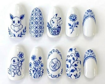 Handmade Pok3mon Blue Porcelain Press On Nails | Cute Eevee, Pikachu & Squirtle Art | Luxury Traditional Ceramic Chinoiserie Aesthetic Nails