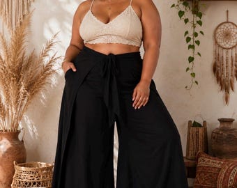 Plus Size Black Wrap Pants | Adjustable Wide Leg Wrap Trousers | Boho Lounge Pants | Festival Pants | One Size Wrap Around Pants