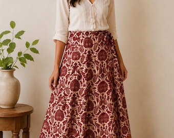 Reversible Midi Wrap Skirt - Upcycled Sari Fabric – Boho Festival Skirt – Two Looks in One
