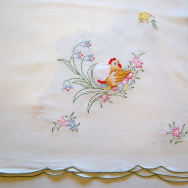 Lovely German Vintage Easter Cotton Tablecloth with Hens and Eggs Green Bow Ends