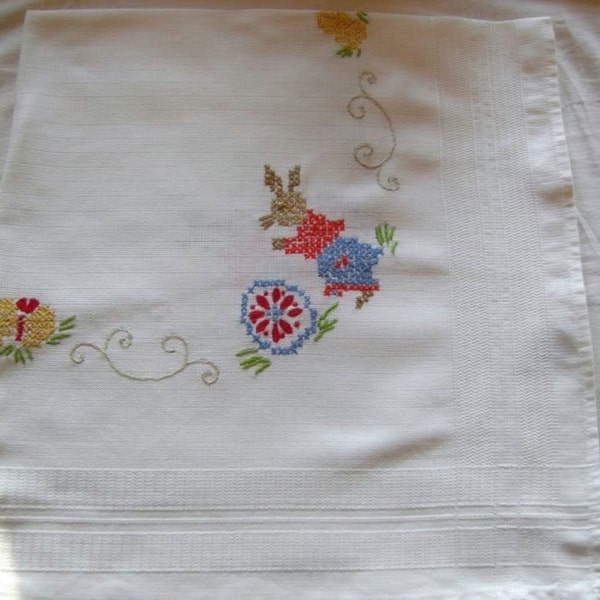 Lovely German Vintage Easter Handmade Embroidery Tablecloth with Rabbits and Eggs Crosstitc