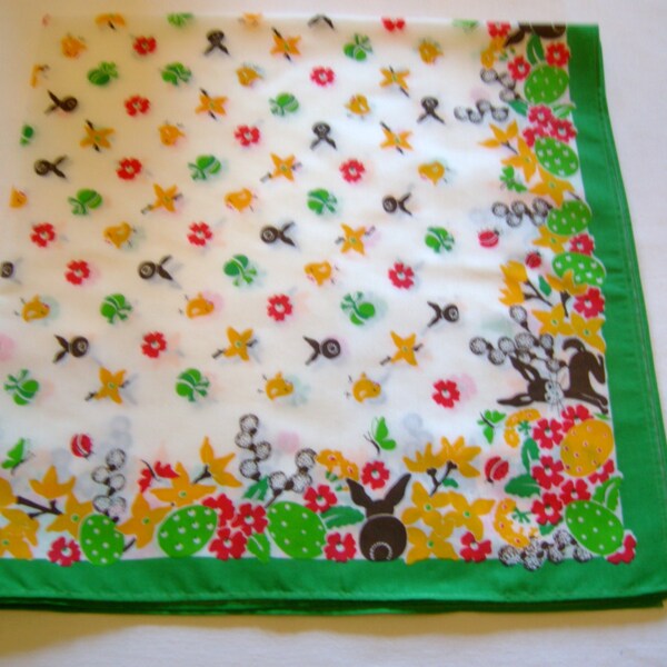 Lovely German Vintage Easter HandPrinted Tablecloth with Chicks Bunnies Eggs and Flowers made in the DDR/Tablelinen topper
