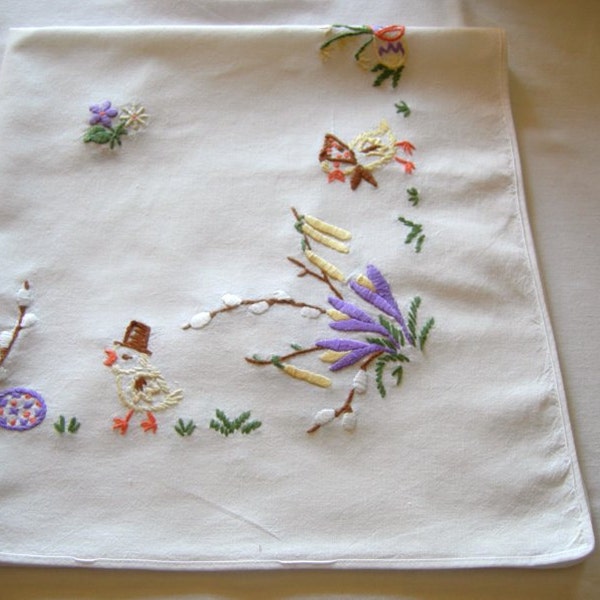 Lovely German Vintage Easter Handembroidery  Linen Tablecloth  with Chicks / Table linen Table topper