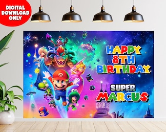 Sfondo personalizzato per compleanno a tema Mario Galaxy, striscione per festa di compleanno di Super Mario, decorazioni personalizzate per la festa di compleanno a tema Mario Galaxy, stampabile, digitale