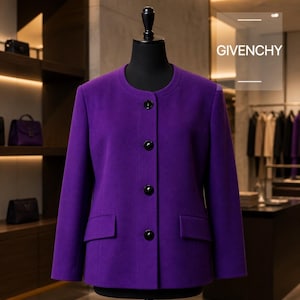 May include: A vibrant purple jacket featuring a round neckline, long sleeves, and four black buttons down the front. The garment includes two rectangular flap pockets at the waist and displays the text GIVENCHY in the upper right corner.
