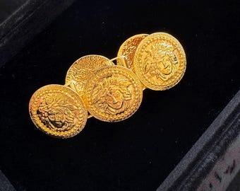 Vintage Gianni Versace Medusa Münze Armband | Gold Ton Fünf-Medaillon-Gliederkette | Made in Italy Signiert