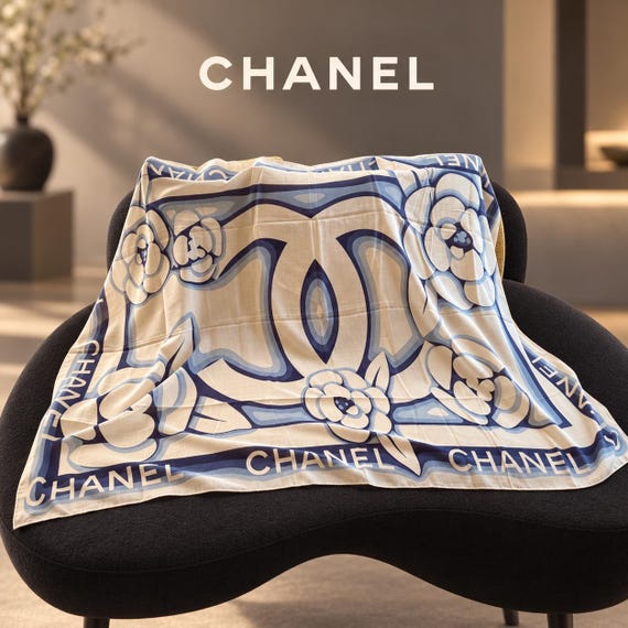 Vintage Chanel Scarf Cotton Blue White CC Logo Camellia Pattern
