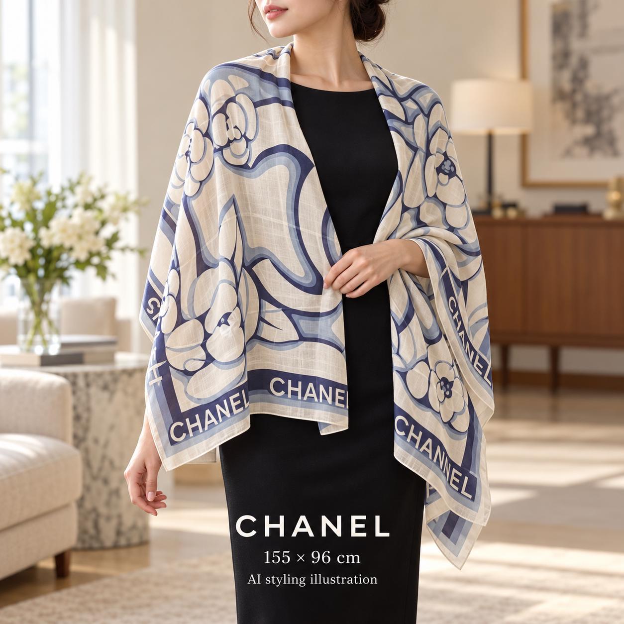 Vintage Chanel Scarf Cotton Blue White CC Logo Camellia Pattern