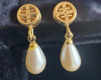 Vintage Givenchy 4G Logo Pearl Drop Earrings | AS-IS Flawed | Gold Tone with Faux Pearl Dangles | [C] Curated Find