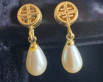 Vintage Givenchy 4G Logo Pearl Drop Earrings | AS-IS Flawed | Gold Tone with Faux Pearl Dangles | [C] Curated Find