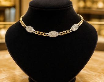 Vintage Givenchy Rhinestone Station Necklace | Gold Tone Curb Chain with Crystal Oval Links | Signed Designer