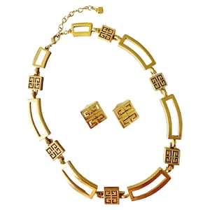 Vintage Givenchy 1980s Iconic 4G Logo Monogram Interlock Necklace Earrings 2 Piece Set Gold Tone Gift for Her Mom Wife