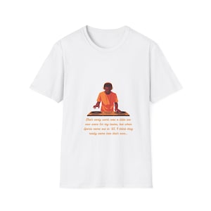 May include: White t-shirt featuring a graphic of a DJ in an orange shirt and headphones, operating turntables. The text below reads: "Their early work was a little too new wave for my tastes, but when Sports came out in '83, I think they really came into their own..."