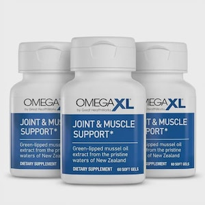 May include: Three white supplement bottles with blue labels. The labels read "OMEGA XL Joint & Muscle Support" and "Dietary Supplement". The bottles contain 60 soft gels and feature text about green-lipped mussel oil.