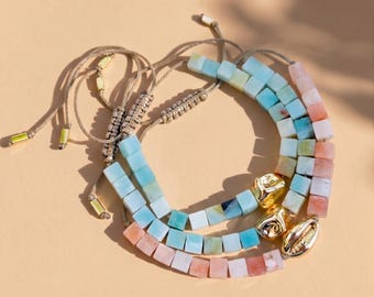 Dainty Amazonite and Aventurine Cord Bracelet, Mint Green Gemstone Stack, 18K Gold Plated Brass Accents, Adjustable Beach Jewelry