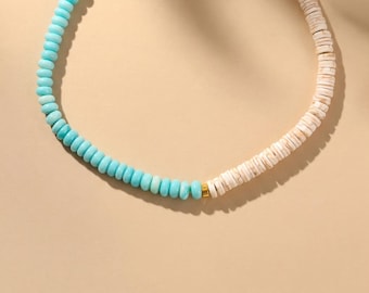 Opal and Howlite Heishi Choker, Teal and White Statement Necklace, Boho Summer Jewelry, Beach Chic Gift