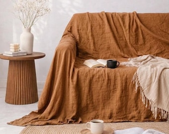 Washed French Linen Sofa Cover, Customed Linen Slipcovers,  Natural Couch Cover, Linen Bed Cover, Large Linen Coverlet